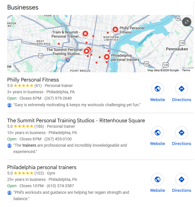 Google Business Profile listings for personal trainers in Philadelphia