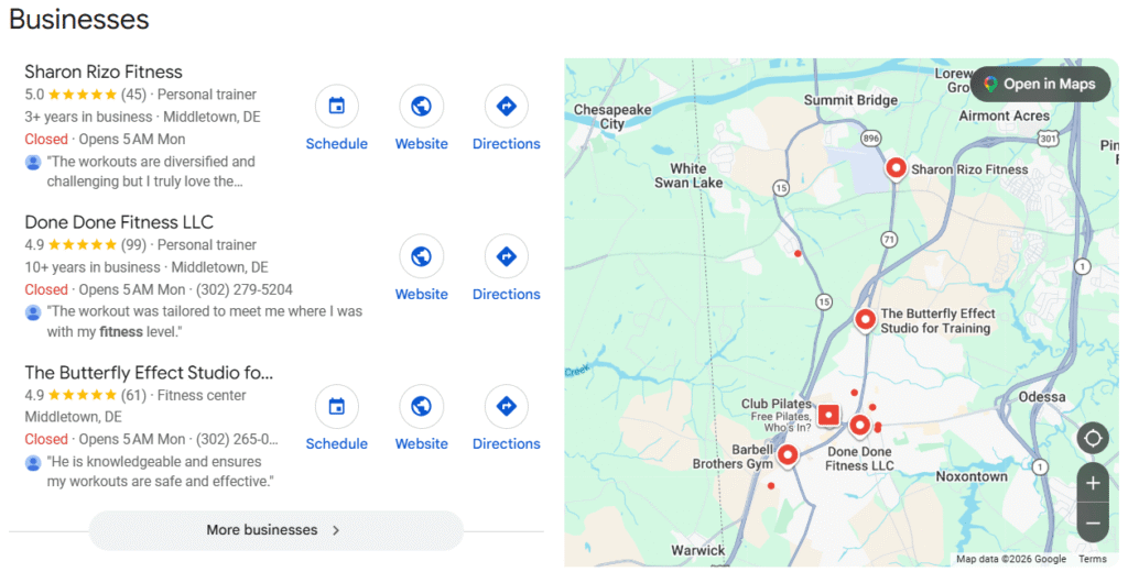 Example of Google's local pack results, relevant to why isn't my website showing up on Google searches